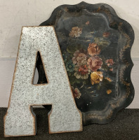 TWO VASES, METAL LEAF SERVING TRAY, “A” WALL DECOR, FLORAL DIPLAY TRAY AND MORE - 4