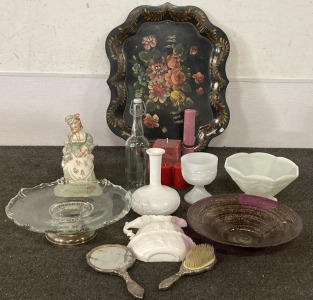 FLORAL METAL TRAY, DECORATIVE GLASSWARE, ASSORTED CANDLES, WALL HANGING AND MORE