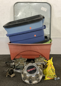 THREE CARBURETORS, FLOOR PEDAL, GMC HUB CAPS WITH BOLTS AND MORE
