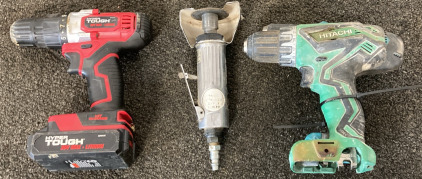HYPERTOUGH LITHIUM 20V CORDLESS DRILL (WORKS, HAS BATTERY), HITACHI DRILL, MAKITA DRILL, 3&rdquo; AIR CUTTER TOOL