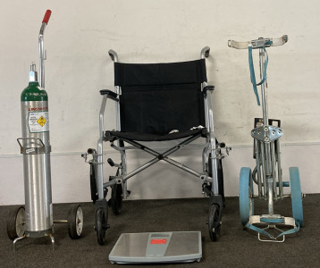 BASIC STEEL TRANSPORT, FOLDABLE OXYGEN TANK CARRIER, OXYGEN TANK IN CARRIER, HEALTHOMETER SCALE (UNABLE TO TEST)