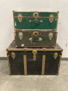 VINTAGE METAL STORAGE CHESTS- ONE CHEST 24”X40”X21”, TWOS CHESTS 12”X30”X16”