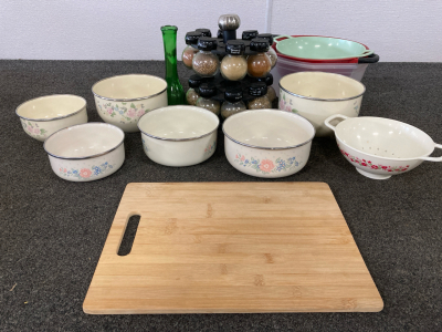 MIXING BOWLS, SPICE RACK, CUTTING BOARD, STRAINERS