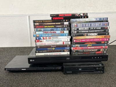BLU RAY PLAYER, MAGNAVOX DVD PLAYER, PHILIPS BLU RAY PLAYER AND DVD MOVIES. ALL DEVICES POWER ON.