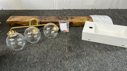 GOLD LIKE BATHROOM LIGHT FIXTURE, SMALL WHITE CERAMIC SINK, 56&rdquo;LONG WOOD FLOATING SHELF