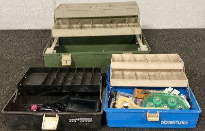 PLANKO TACKLEBOX 18*10*9, ADVENTURER TACKLEBOX 11*6*6 WITH FOOT SPA KIT INSIDE, WOODSTREAM TACKLEBOX 12*6*5 WITH GARMIN AND DOOR ALARM INSIDE