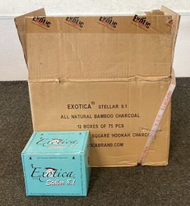 BOX OF EXOTICA STELLAR 8.1 PRESCORED HOOKAH CHARCOAL QUANTITY 12 BOXES OF 75 PIECES