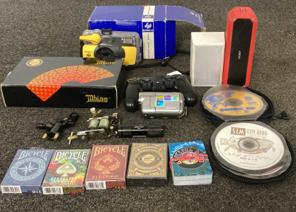 TWO TATTOO GUNS, SONY PLAYSTATION CONTROLLER, PC GAMES, MHING CLASSIC CARD GAME, BONICA SEA EXPLORER CAMERA, OUTLET SPEAKER AND MORE