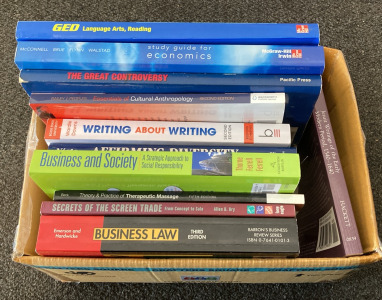 BOX OF ASSORTED TEXTBOOKS; BUSINESS LAW, CULTURAL ANTHROPOLOGY, STUDY GUIDE TO ECONOMICS, WRITING ABOUT WRITING, AND MORE