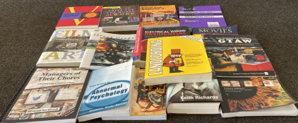 BOX OF ASSORTED TEXT BOOKS; ABNORMAL PSYCHOLOGY, FILM ART, EDITING WORKSHOP, SHORT HISTORY OF MOVIES AND MORE