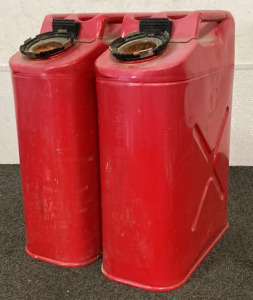 (2) RED VINTAGE METAL GAS CANS (5 GALLON)