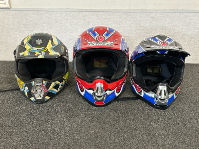 3 MOTOCROSS HELMETS: 2 YOUTH (XS & M) AND 1 ADULT (L)
