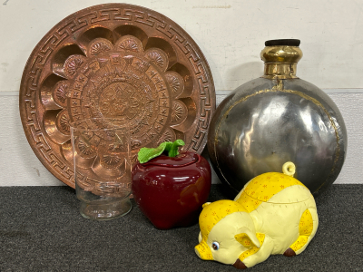 VINTAGE YELLOW PIG COOKIE JAR, APPLE COOKIE JAR, VASE, LARGE FLASK DECOR AND COPPER TONE METAL WALL HANGING