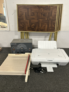 VINTAGE KNIGHT RF SWEEP GENERATOR (POWERS ON), VINTAGE TV TRAYS (4), CANON PIXMA USB PRINTER/SCANNER (POWERS ON-HAS USB & POWER CORDS) AND BOSTON 2612 PAPER CUTTER