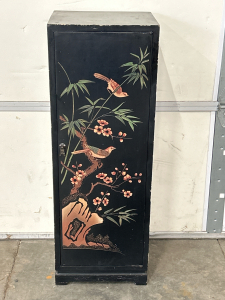 SMALL WOOD CABINET WITH ETCHED FLORAL/TREE/BIRD ARTWORK-14x40x12