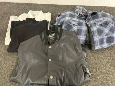 MENS FAUX LEATHER JACKET, FLANNEL, DRESS SHIRT AND LONG SLEEVE KNIT SHIRT (L)