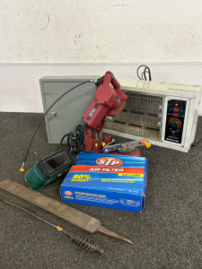 CHICAGO ELECTRIC CHAIN DAW SHARPENER (WORKS), SMALL SPACE HEATER (WORKS), METAL KEY BOX, WELDING GOGGLES, STP SA11480 AIR FILTER (LIKE NEW), COURSE METALL FILE AND METAL HOOK