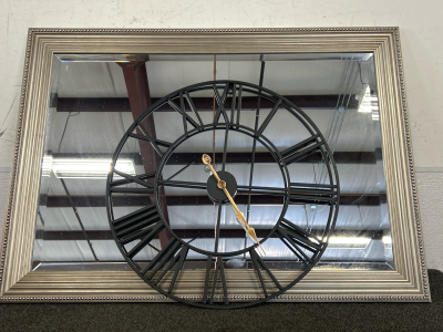 LARGE MIRROR IN PEWTER FRAME AND WALL CLOCK (WORKS)