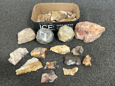 LAPIDARY CUT AND ROUGH AGATE, PETRIFIED WOOD AND CHERT