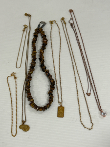 GOLD TONE FASHION NECKLACES, ANKLETS, ROSE GOLD TONE NECKLACES AND TIGERS EYE STONE NECKLACE