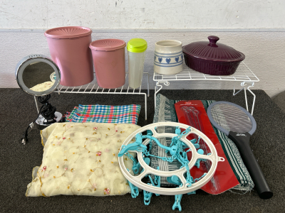 TUPPERWARE, CASSEROLE DISH WITH LID, WIRE RAcks, DOUBLE SIDED LIGHT UP MIRROR (WORKS) AND MORE