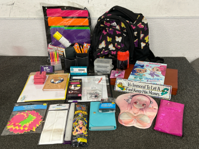 VARIETY OF SCHOOL SUPPLIES-ADIDAS BUTTERFLY BACKPACK, PENCILS, DRY ERASE BOARDS, MOUSE PAD AND MORE