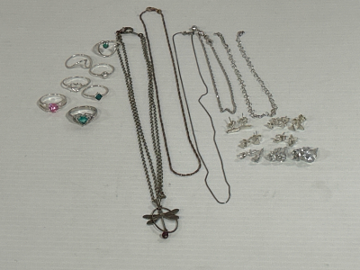 SILVER TONE EARRINGS, NECKLACES, ANKLETS AND RINGS (SIZES 7-9)