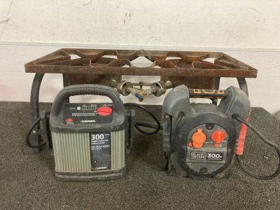 GAS CAMP STOVE, HUSKY 300 AMP JUMP STARTER (NO CHARGE CORD), BLACK AND DECKER 300 AMP JUMP STARTER