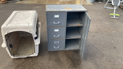 METAL FILING CABINET W/PET STORAGE CONTAINER INSPECT FOR CONDITIONS