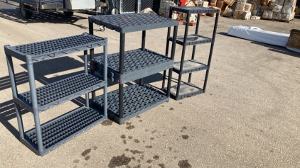 PLASTIC SHELVES. 38”x34”, 45”c36”, 49”x22”. INSPECT