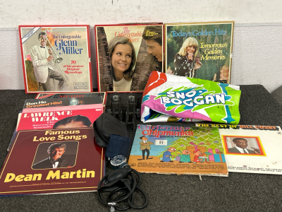 VINTAGE VINYL RECORDS INCLUDINY DEAN MARTIN, LAWRENCE WELKS, CHRISTMAS WITH THE CHIPMUNKS, THE BEST OF BILL COSBY, INFLATABLE SLED AND MORE