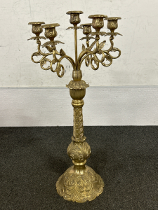 TALL BRASS METAL CANDELABRA-HOLDS 6 CANDLESTICKS