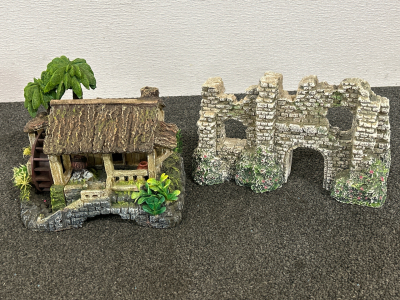 AQUARIUM TANK HUT WITH WATERWHEEL AND PARTIAL CASTLE
