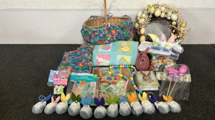 EASTER HOME DECOR, GNOMES, GLASS BUNNY, TABLE CLOTHS, AND MORE