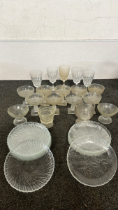 VINTAGE SUNDAY GLASSES, GLASS PLATES, WINE GLASSES AND MORE