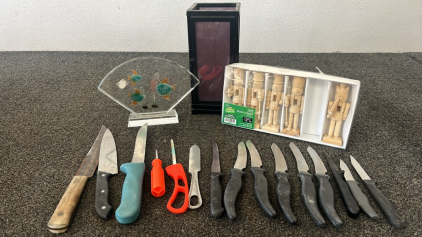 STEAK KNIVES, FISH GLASS DECOR, WOOD MINI NUTCRACKER, AND MORE