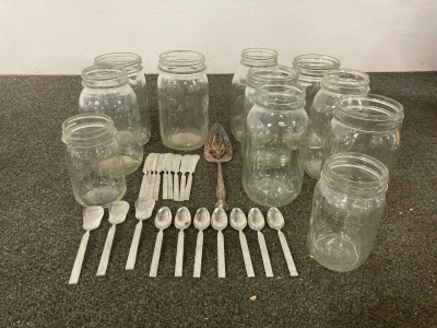 STAINLESS STEEL SILVERWARE- SMALL TEA SPOONS AND BUTTER KNIVES, MASON JARS (NO LIDS)