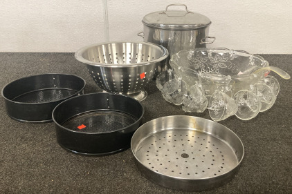 GLASS PUNCH BOWL SET, LARGE STAINLESS STOCK POT, SPRING FORM PANS, COLANDER AND STEAMER INSERT