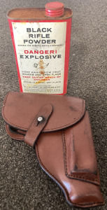 LEATHER 22 PISTOL HOLSTER AND BLACK RIFLE POWDER