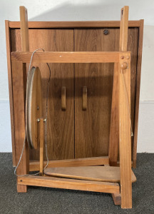 (1) WOODEN 2-DOOR CABINET, WITH (1) VINTAGE SPINNER FOR WOOL