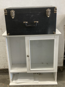 (1) BLACK STORAGE CHEST (22X12”) WITH (1) WHITE WOODEN CABINET WITH (1) GLASS CABINET DOOR (25”X29”)