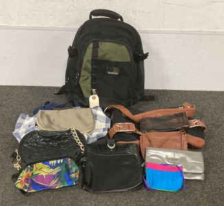 (1) NO BOUNDARIES BACK PACK WITH (8) PURSES, AND (2) WALLETS