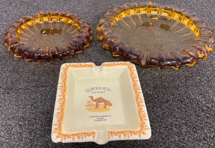 (1) 71/4” Vintage Round Yellow Amber Glass Ashtray (1)Vintage Amber Yellow Gold Ashtray Heavy Art Glass (1)Vintage Ceramic Camel Cigarettes Ashtray 1996