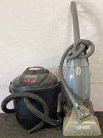 RED AND BLACK 10 GALLON 2.5HP QUIET DELUXE SERIES SHOP VAC (WORKS), HOOVER STEAM VAC (WORKS)