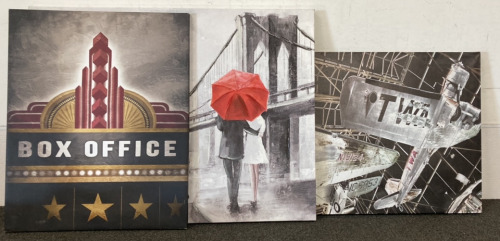 “BOX OFFICE” PRINT ON CANVAS (23X29”), RED UMBRELLA OIL PAINTING (39X30”), PLANE PRINT ON CANVAS (35.5X23.5”)