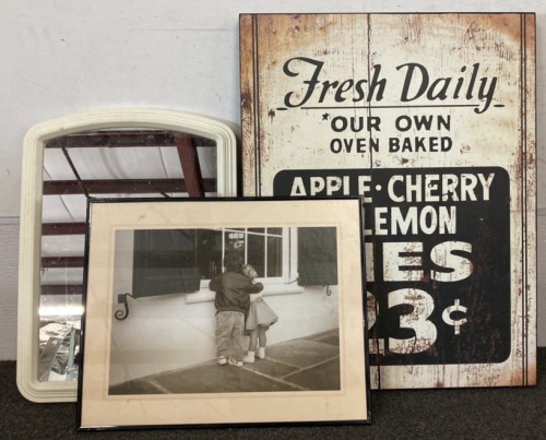 FRESH PIES WOODEN SIGN (22X28”), STANLEY WORKS WHITE MIRROR (22X16”), BLACK AND WHITE CHILDREN HUGGING FRAMED PHOTO (20X16”)