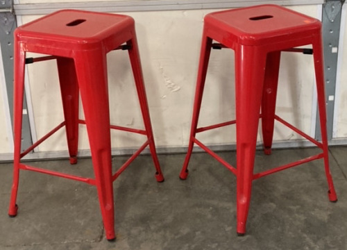 TWO RED METAL BAR STOOLS 27”