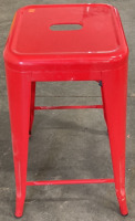 TWO RED METAL BAR STOOLS 27” - 4