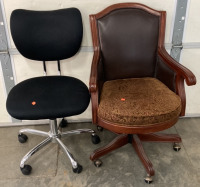 (1) LEATHER BACK CUSHIONED ROLLING OFFICE CHAIR, (1) BLACK ROLLING OFFICE CHAIR