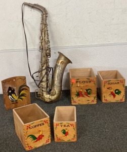 ALTO SAXOPHONE LAMP, WOOD CHICKEN NAPKIN HOLDER, CHICKEN FLOUR, COFFEE, SUGAR AND TEA WOOD HOLDERS